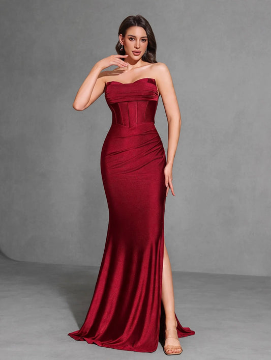 Satin Hip-length Slit Floor-length Gown, Elegant and Chic Dress