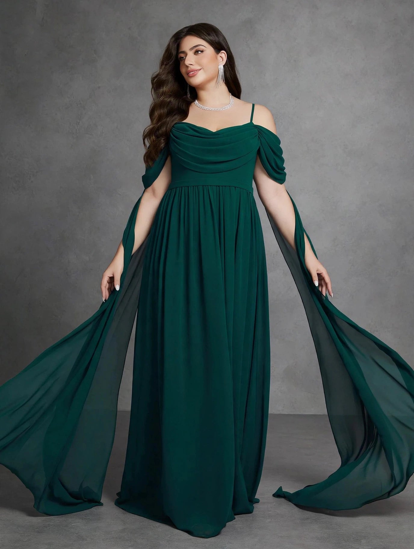 High-end Evening Dress with One-shoulder Halter, Pearl Chiffon