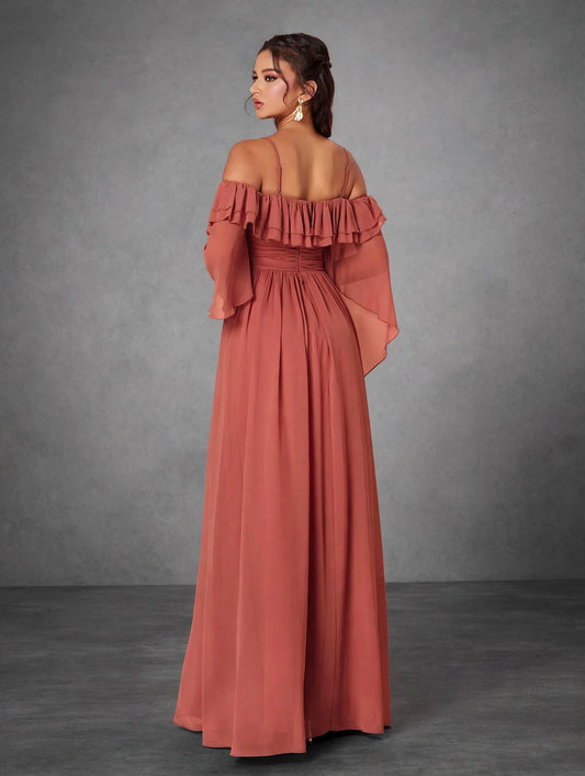 One Shoulder Ruffle Chiffon Evening Gown