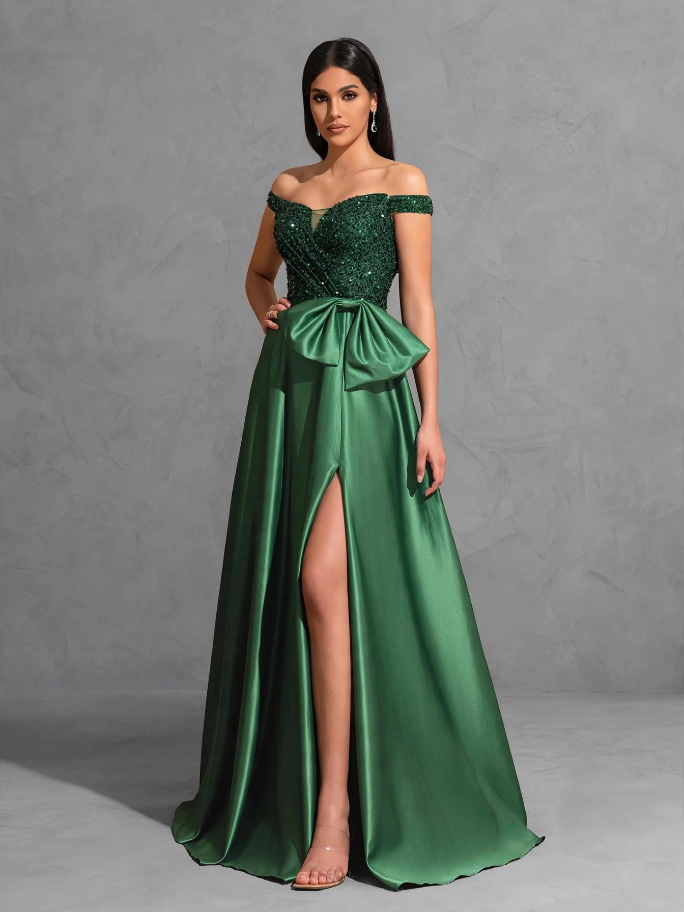 One-shoulder Dress with Bow Decoration at Waist and Sequined