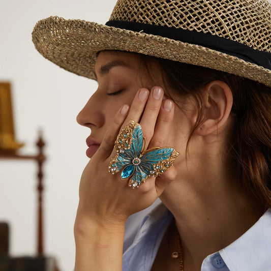 Vintage Blue Crystal Butterfly Statement Ring