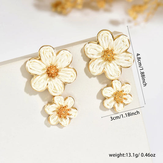 Boho Raffia Flower Stud Earrings Double Size Woven Straw