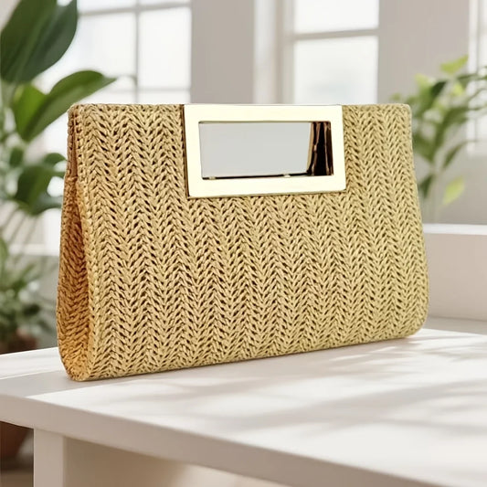 Elegant Striped Woven Clutch, Metal Handbag W/ Removable Chain
