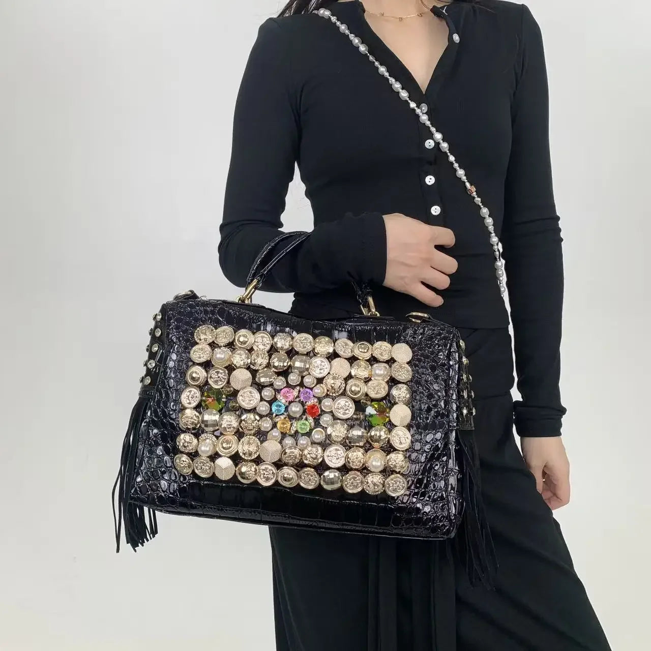 Ladies' fashion, light luxury, elegant banquet handbag, gorgeous diamond jewelry, pearl single shoulder crossbody bag