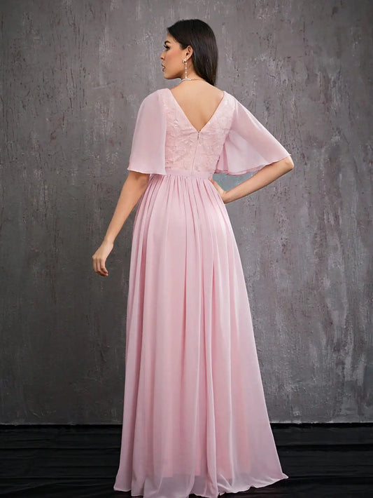 Floral Beaded V-Neck Evening Gown