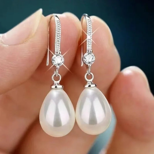 Classic Water Drop Imitation Pearl Dangle Earrings Silver Color Crystal Hook Drop Earrings For Women's Everyday & Office Wear