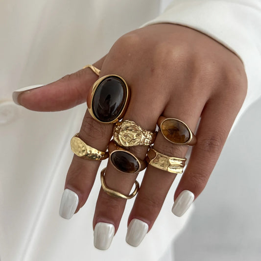 Salircon 8 Pcs/set Punk Irregular Resin Rings for Women Vintage Charm Gold Color Metal Finger Ring Party Aesthetics Jewelry Gift