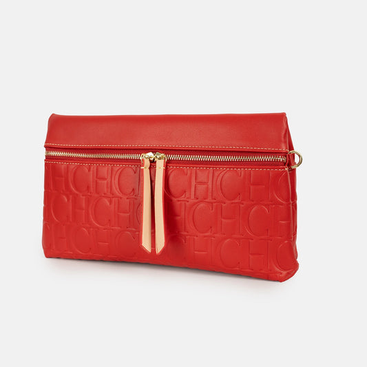 Vintage Red PU Leather Crossbody Bag Embossed CH Letter