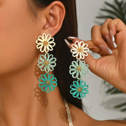 Handmade Woven Straw Triple Flower Earrings Ombre Cream Brown
