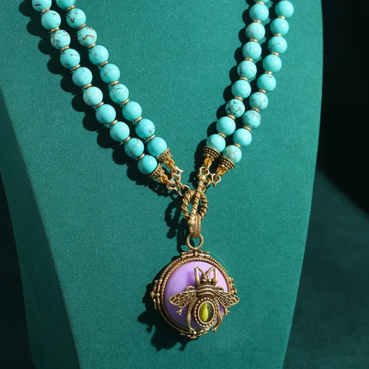 Vintage Green Natural Stone Double-layer Bead Purple Bee Pendant Necklaces for Women Antique Jewelry Party Accessories New 2025