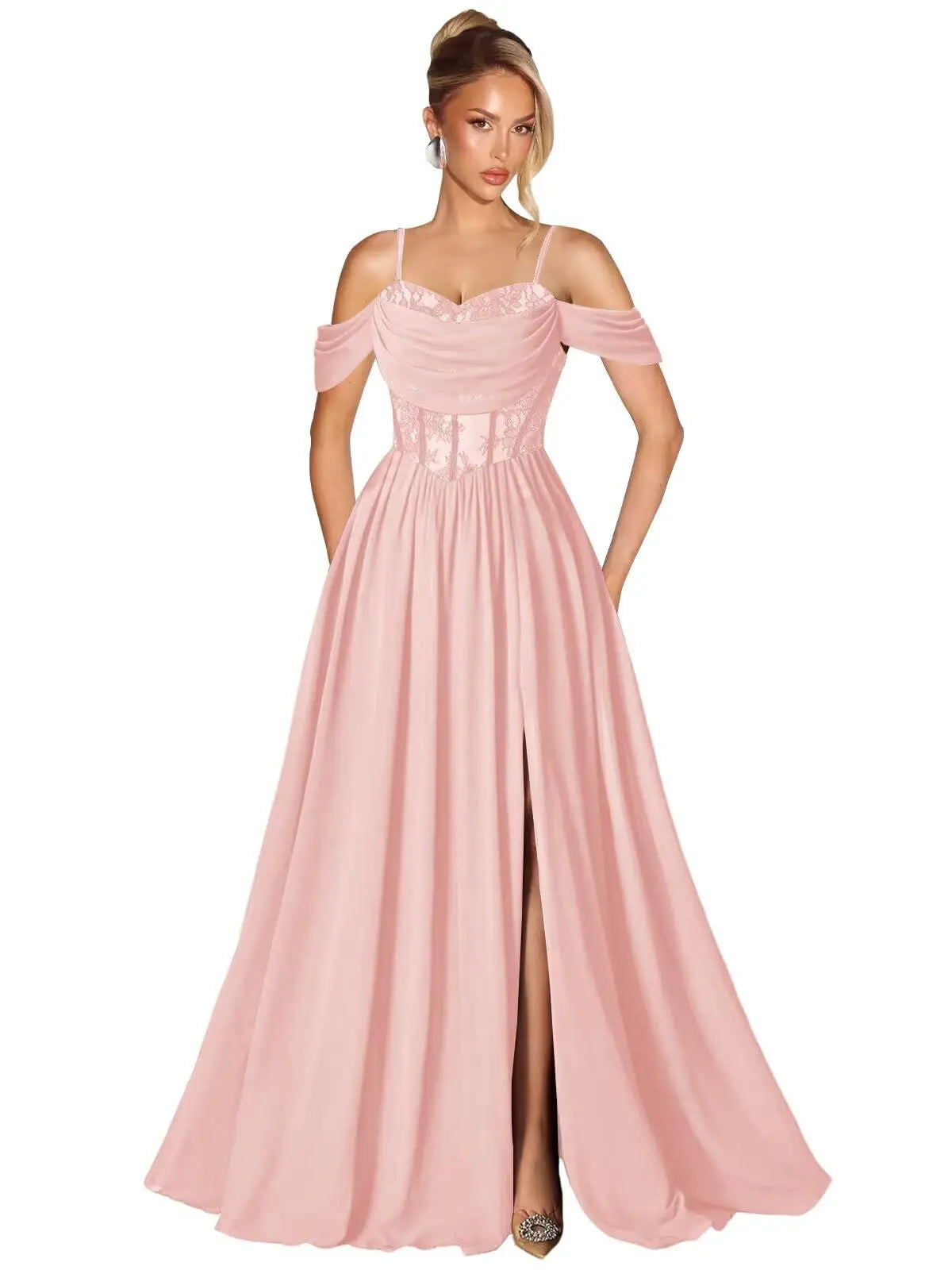 Off Shoulder Lace Applique Prom Dress