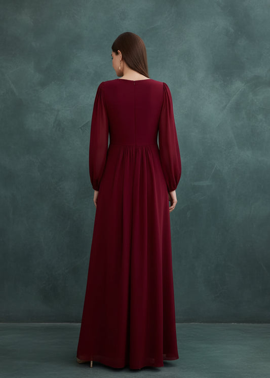 V-neck Long Sleeve Beaded Print Extra Long Chiffon Dress