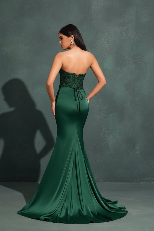 Satin Pleated Floor-length Sequined Patchwork Strapless Dress with Back