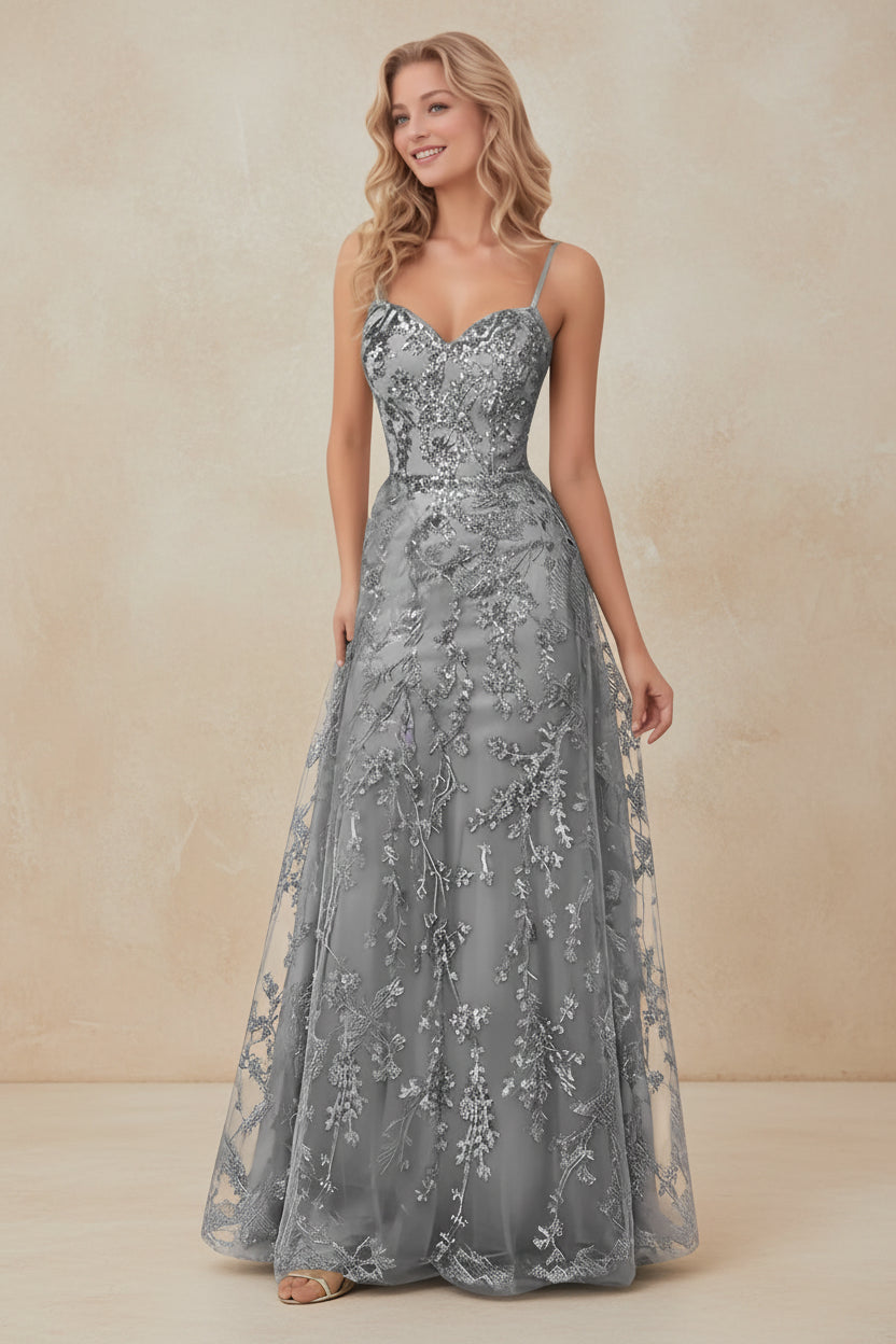 Tulle Formal Dress Laces Spaghetti Strap Sparkly Prom Dress