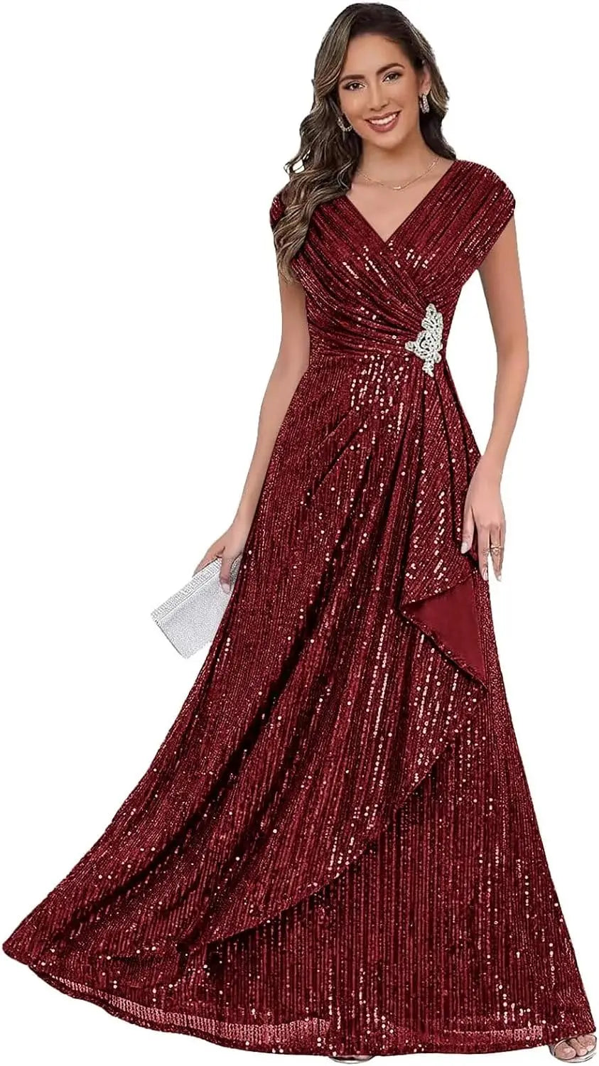 Sparkly Sequin A Line Mother of The Bride Dresses for Women Ruffles Long Formal Dress V Neck Evening Party Gown Dress