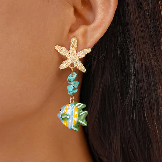Colorful Ceramic Fish Drop Earrings Starfish Stone Beaded Earrings