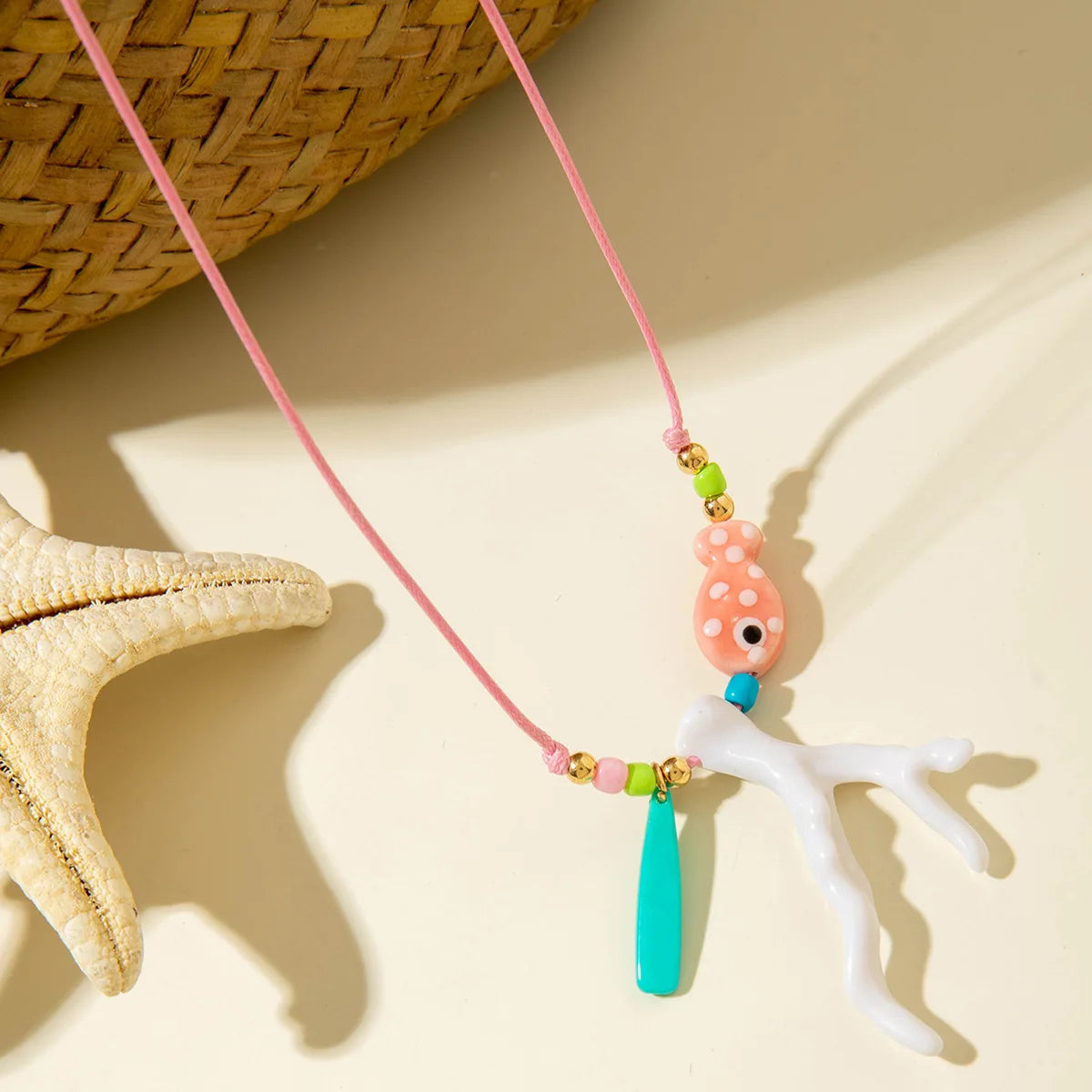 New Ocean Fish Coral Pendant Necklace Boho Colorful Handmade Braided Rope Adjustable Women Vacation Party Jewelry