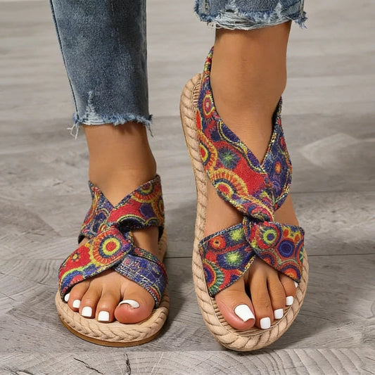 Summer Bohemian Style Sandals Comfortable Linen Cross-Tie Beach Lightweight