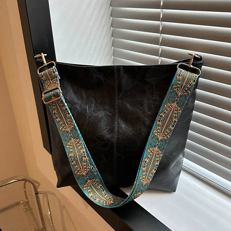 Wide Geometric Strap Shoulder Bag Large Capacity Crossbody Bags,Retro