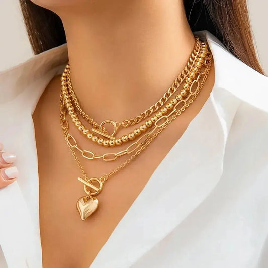 Heart Pendant Layered Necklace Set