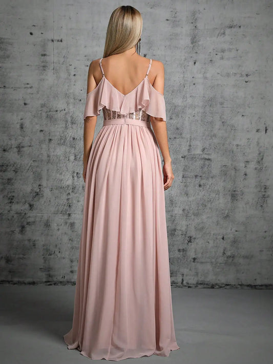 Lace Mesh Ruffle Sleeve Maxi Dress