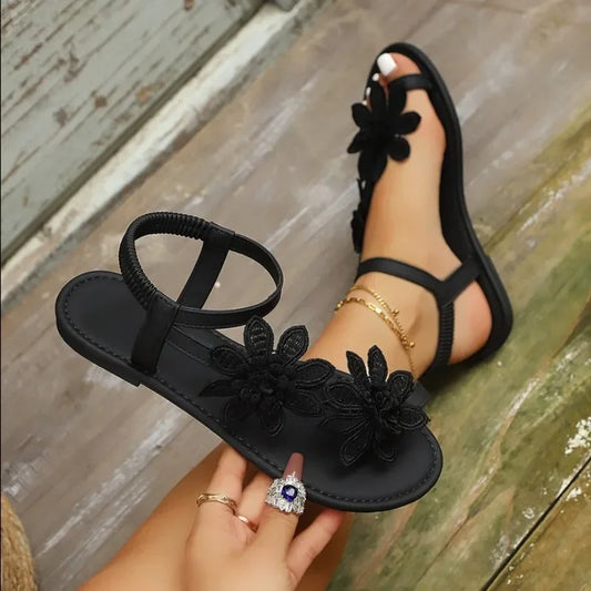 Summer Retro Elegant Sandals Floral Decorative Flat Bottom Sandals
