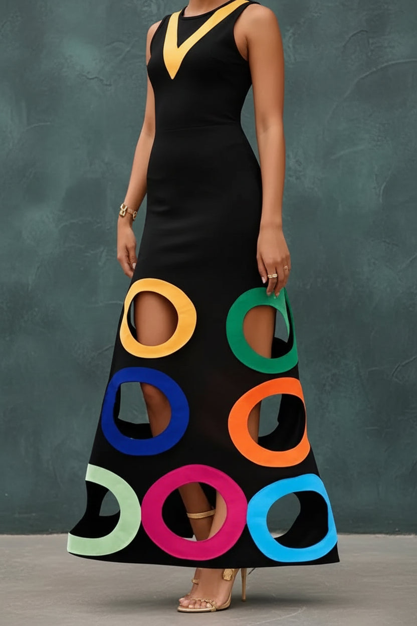 Colorful Circle Cutout Maxi Dress V Neck Short Sleeve
