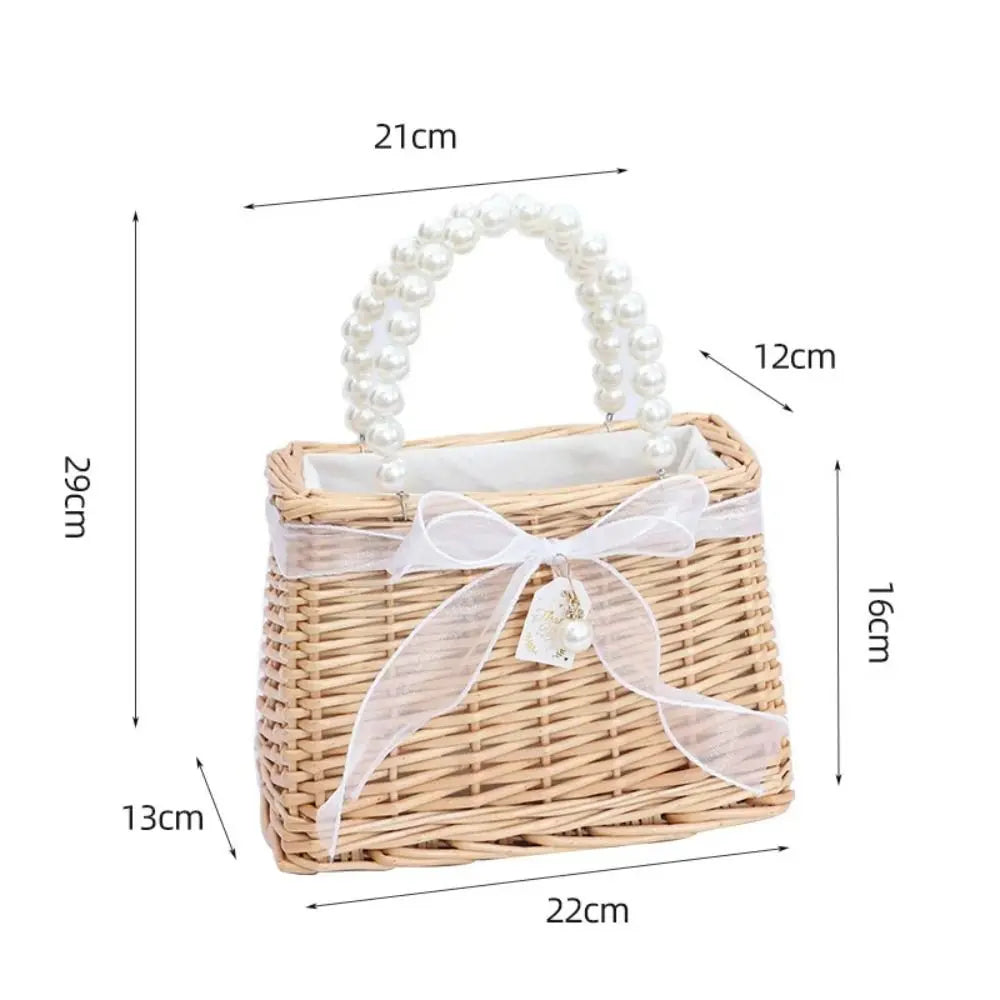 Handwoven Straw Tote Bag with Pearl Handle