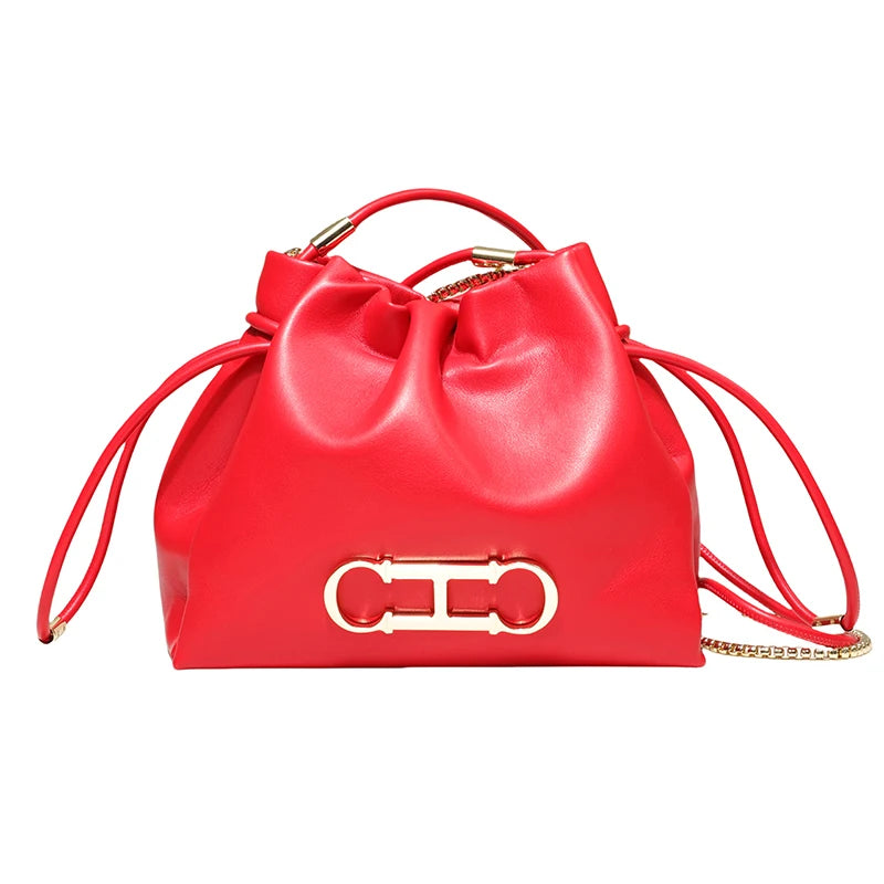 Drawstring Bucket Bag Crossbody Bag with Gold Chain PU