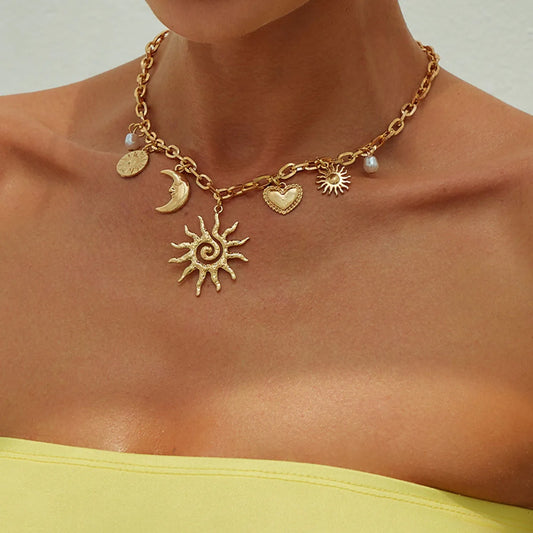 Heart Sun Moon Pendant Necklace