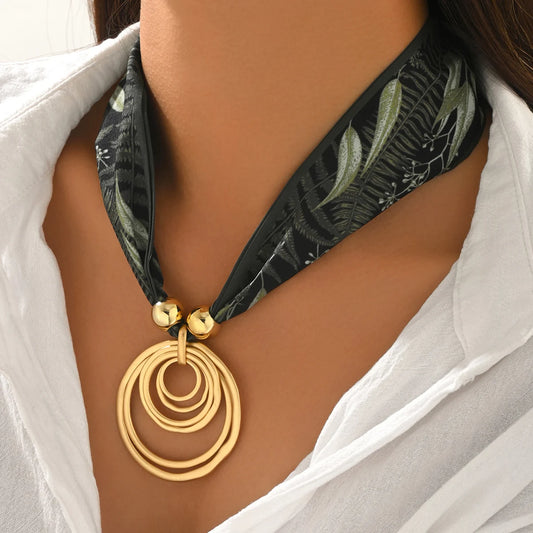 Bohemian Ribbon Choker with Gold Circle Pendant