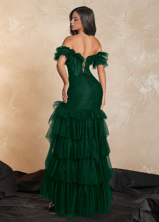 VIPGIRL Emerald Green Off-Shoulder Prom Dress Tulle Ruffle Ruched