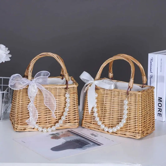 Handwoven Straw Tote Bag with Pearl Handle