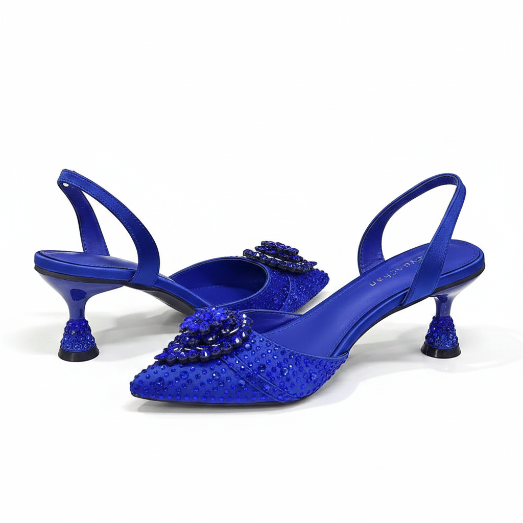 Blue Color Rhinestone Comfortable High Heel Shoe and Bag