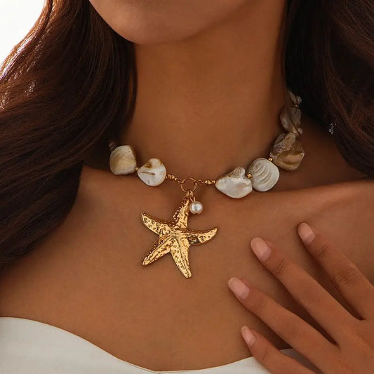 Gold Starfish Pendant Choker Necklace