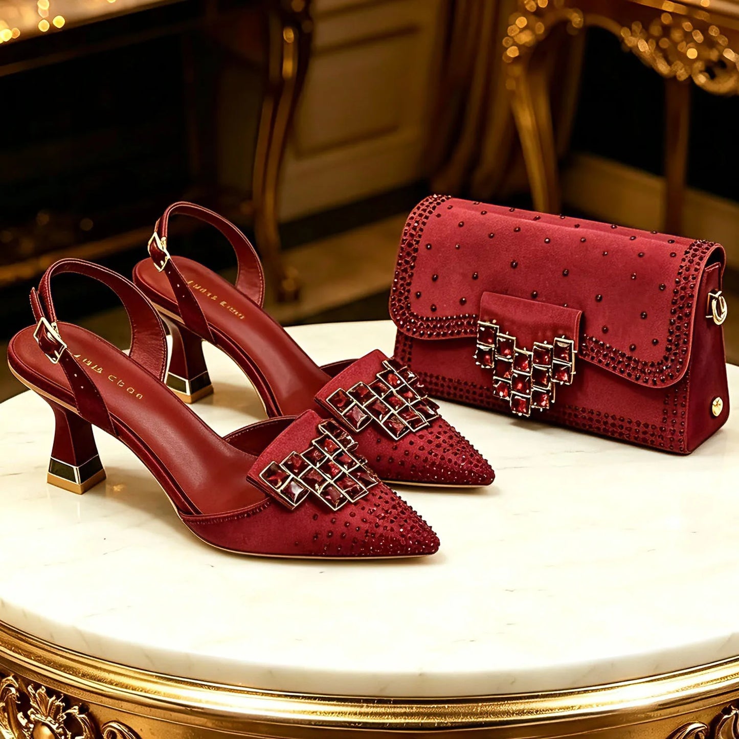 Chic Orange Rhinestone High Heels with Matching Handbag - Elegant Pointed-Toe Women's Shoes Perfect for Parties