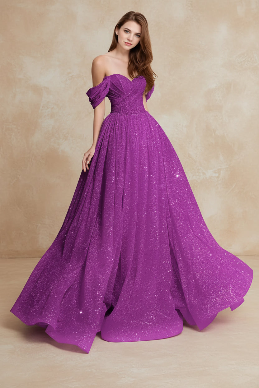 Sexy Long Ball Gown Party Evening Dresses Sparkly Tulle Prom Dress 2026 Off The Shoulder Formal Dresses for Women Glitter A Line