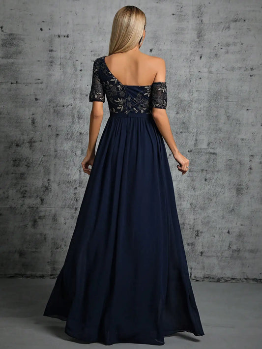 One Shoulder Chiffon Sequin Maxi Dress