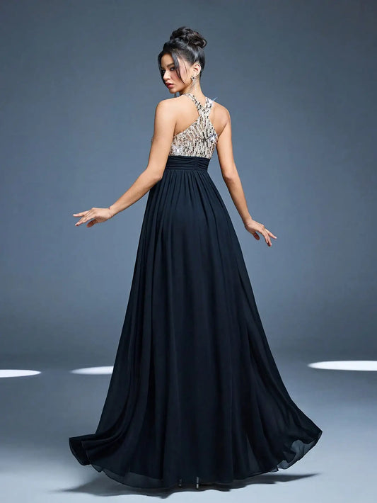 Halter Ruched High Slit Evening Dress