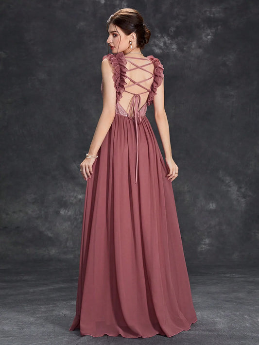 V-Neck Embroidered Chiffon Maxi Dress