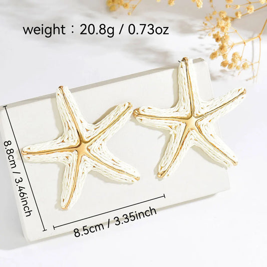 Handmade Woven Raffia Starfish Earrings Gold Metal Center Ocean