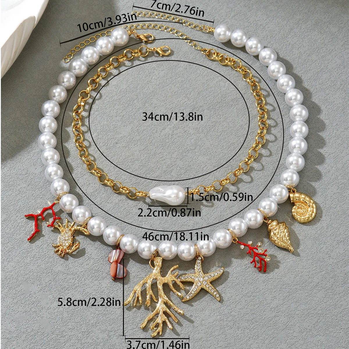 Ocean Theme Layered Pearl Necklace Set