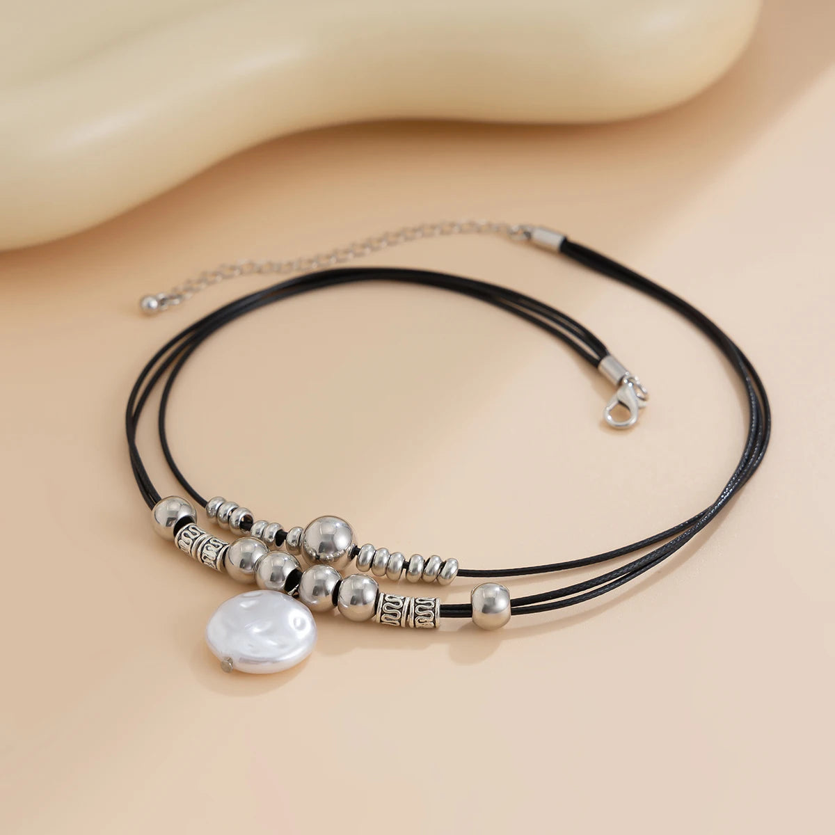 KunJoe Vintage Multilayer Leather Rope Chain Plastic Beads Choker Short Necklace Women Simple Imitation Pearl Pendant Necklace