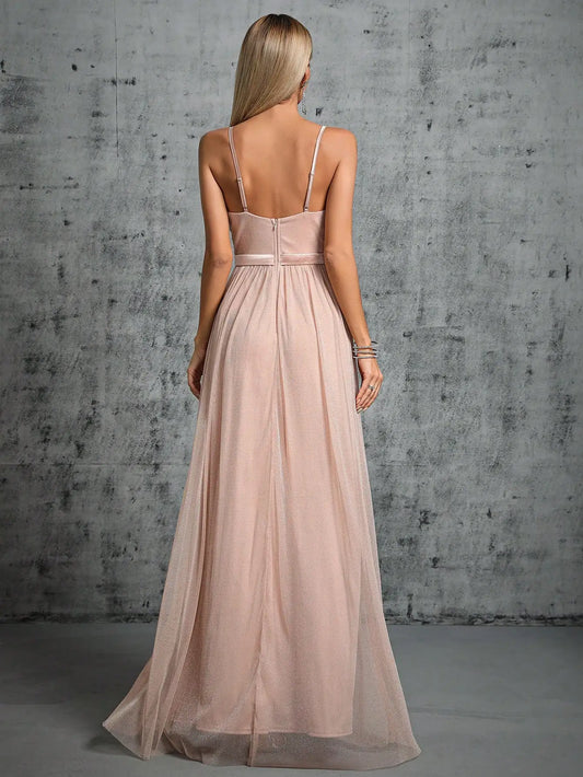 Deep V Mesh Slit Maxi Dress