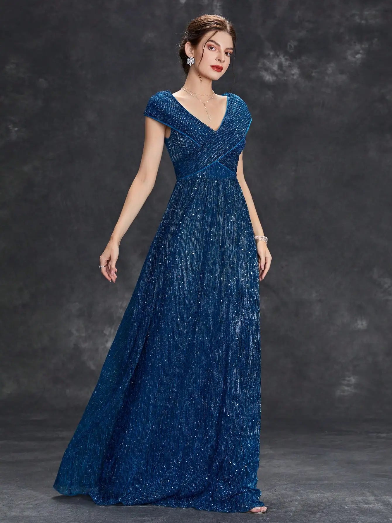 V-Neck Mesh Sleeve Ball Gown