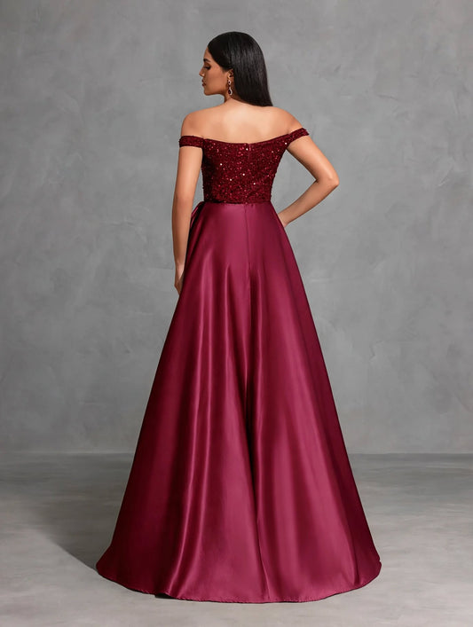 Off-the-shoulder Sequined Satin Elegant Dress with Bow at Waist