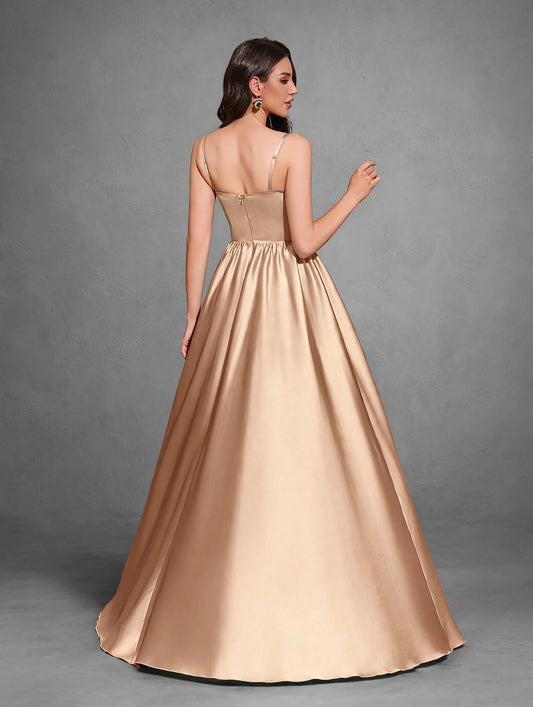 Strapless Pleated Satin Maxi Gown
