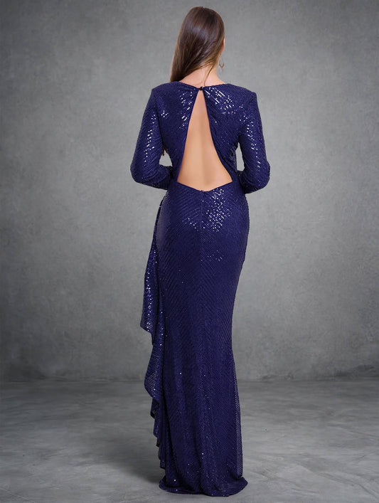 Backless Ruffled Sequined Maxi Dress