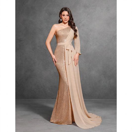 Sequined One-shoulder Chiffon Patchwork Belt-decorated Hip Dress