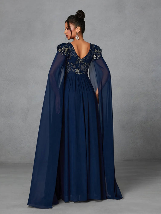 V-Neck Embroidered Sequin Ruffle Evening Dress